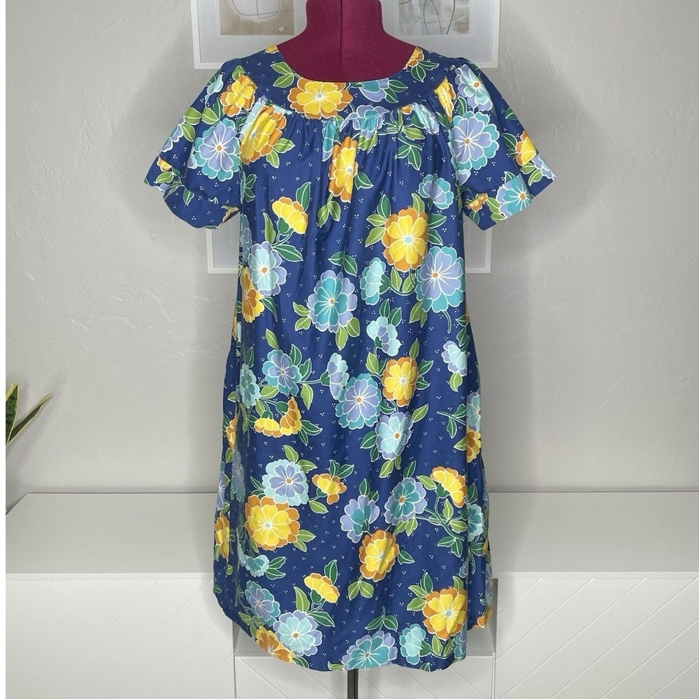 Sears Muumuu Dress Womens XL Blue‎ Yellow Floral Vintage Cotton Nightgown 70s